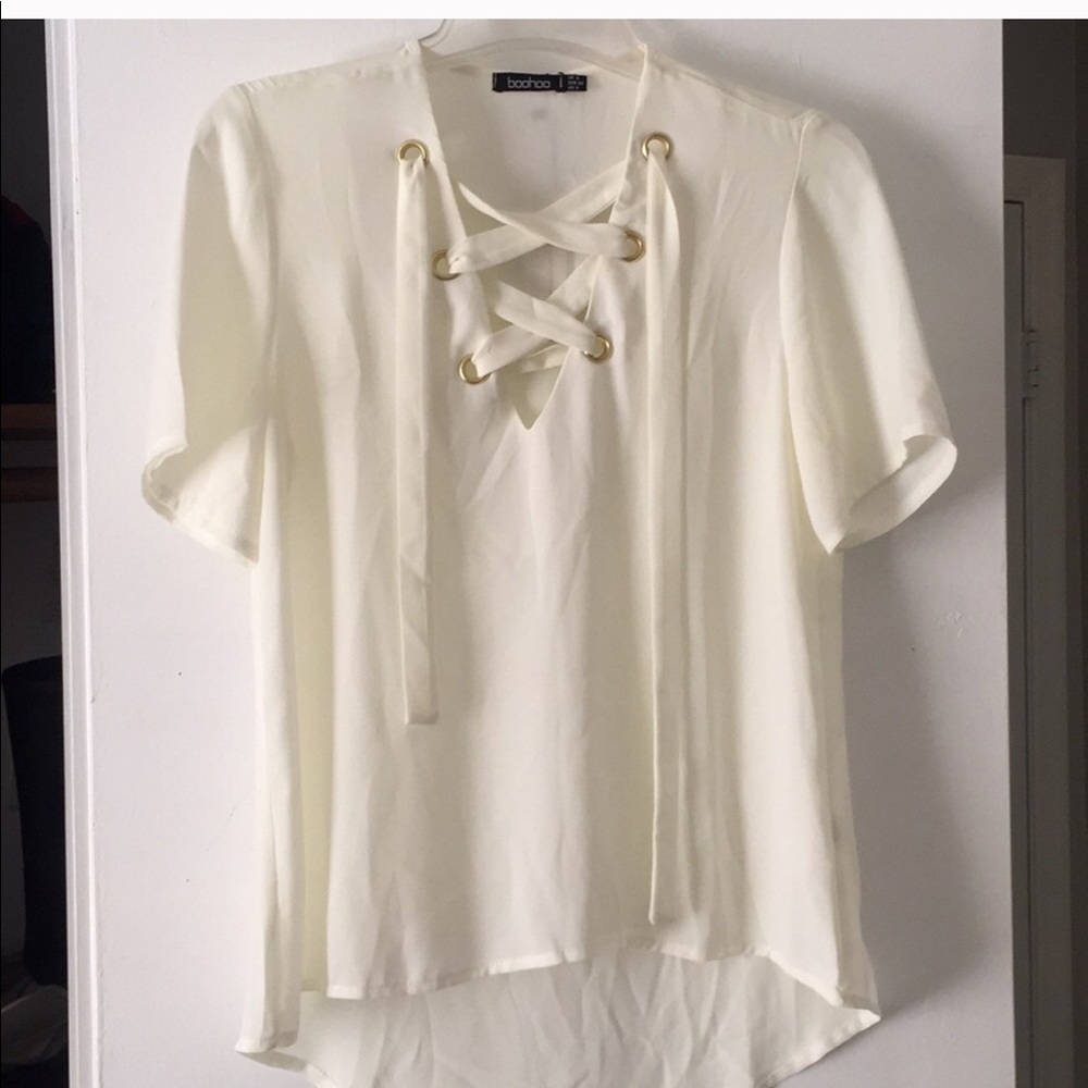Off White Cream Lace Up Blouse Top Gold Details